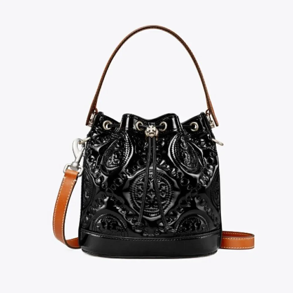NWT! New! Tory Burch T Monogram Embroidered Patent Bucket Bag -BLACK Large